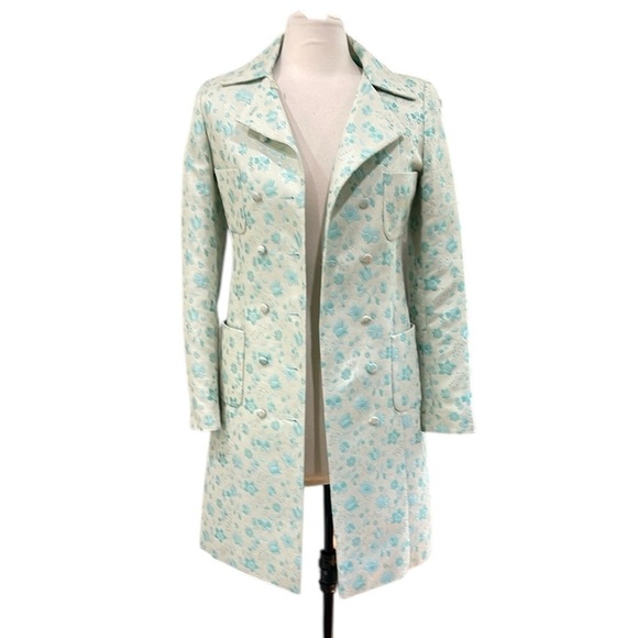 Naf Naf Floral Brocade Double Breasted Lightweight Coat SZ S Turquoise Blue - Picture 1 of 7